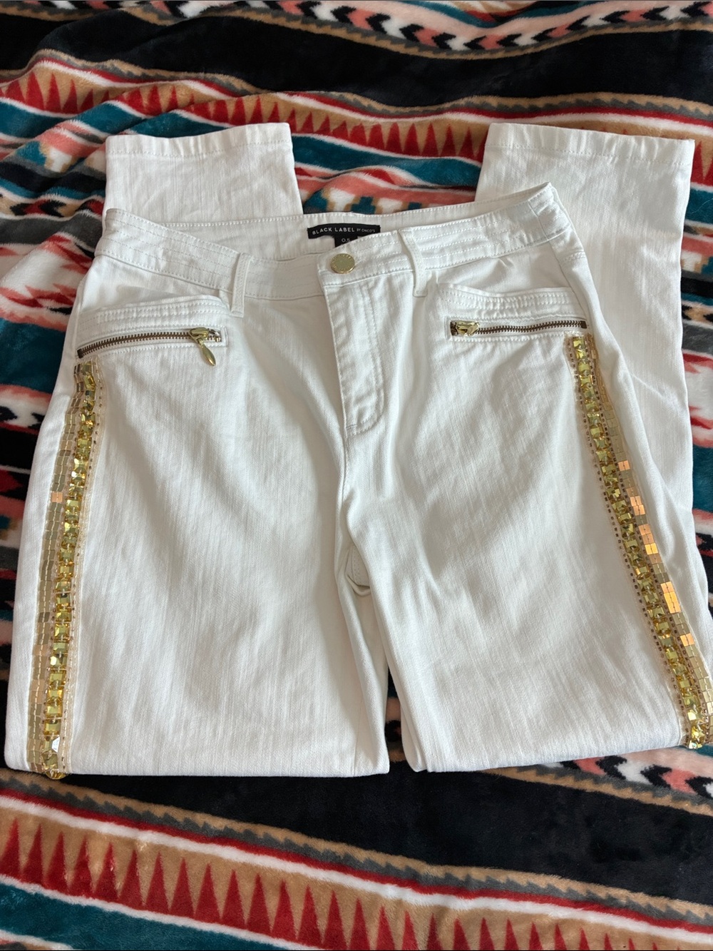 Chico’s Black Label White Women’s Jeans with Gold Sequin Trim
